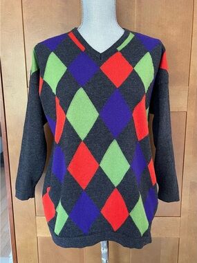 Marina Sport Italy Grey Argyle Wool Sweater with Red, Green & Purple Pattern, L